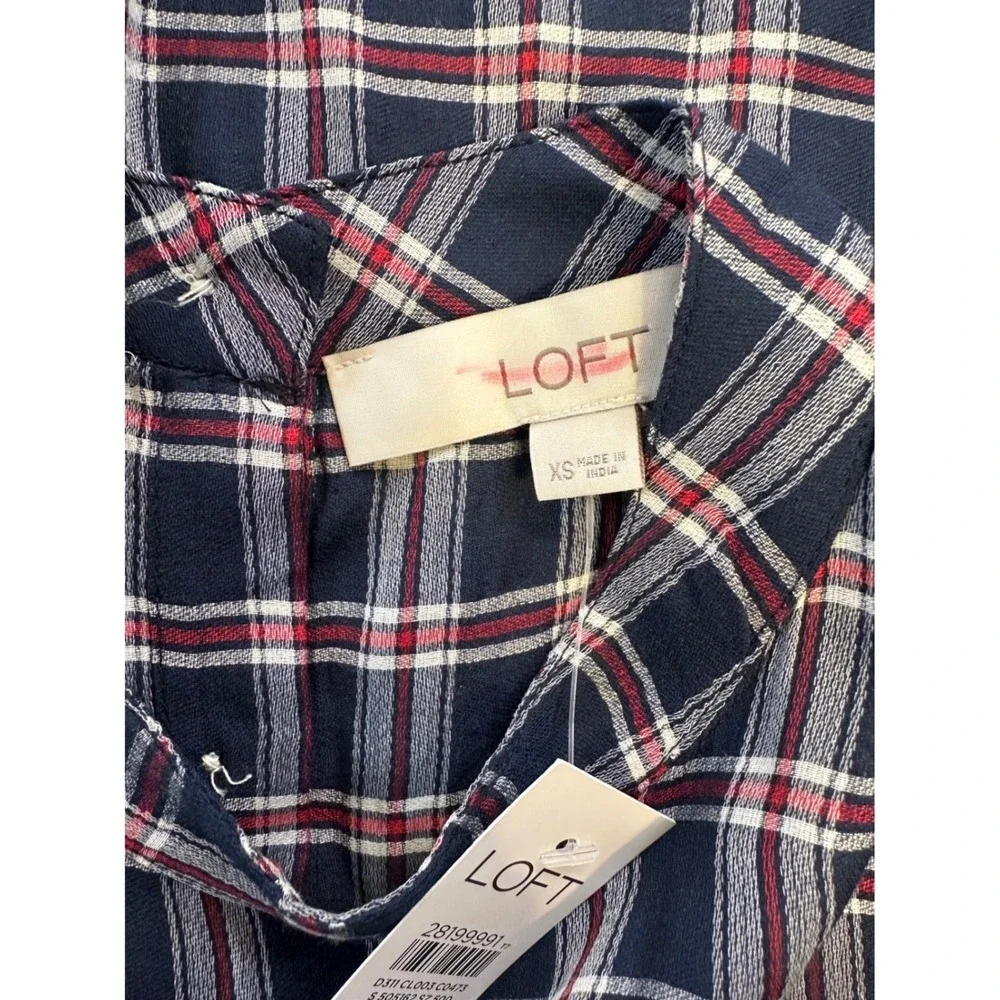 LOFT Navy Blue, Red & White Plaid Blouse Mock Neck Puff Sleeves NWT XS